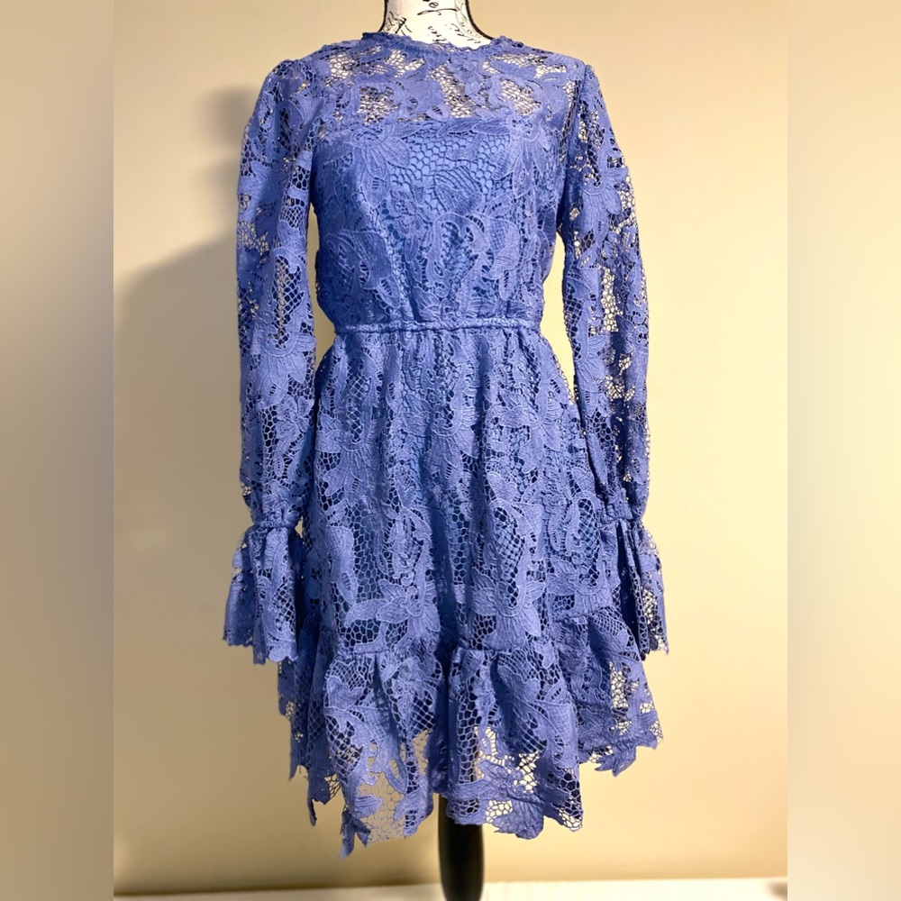 Aqua Blue Lace Mini Cocktail Dress Bell Sleeves sz XS $118